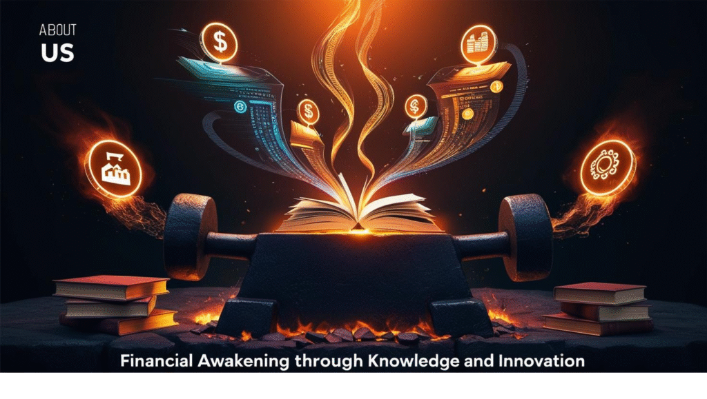 Digital artwork illustrating financial transformation through education, innovation, and technology; symbolic forge with glowing data streams, investment icons, and books turning into knowledge — perfect visual for a modern finance and AI blog.