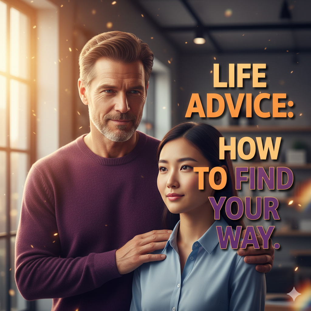 Person with empathetic expression offering guidance to another, with text 'LIFE ADVICE: HOW TO FIND YOUR WAY' in an inspiring setting.