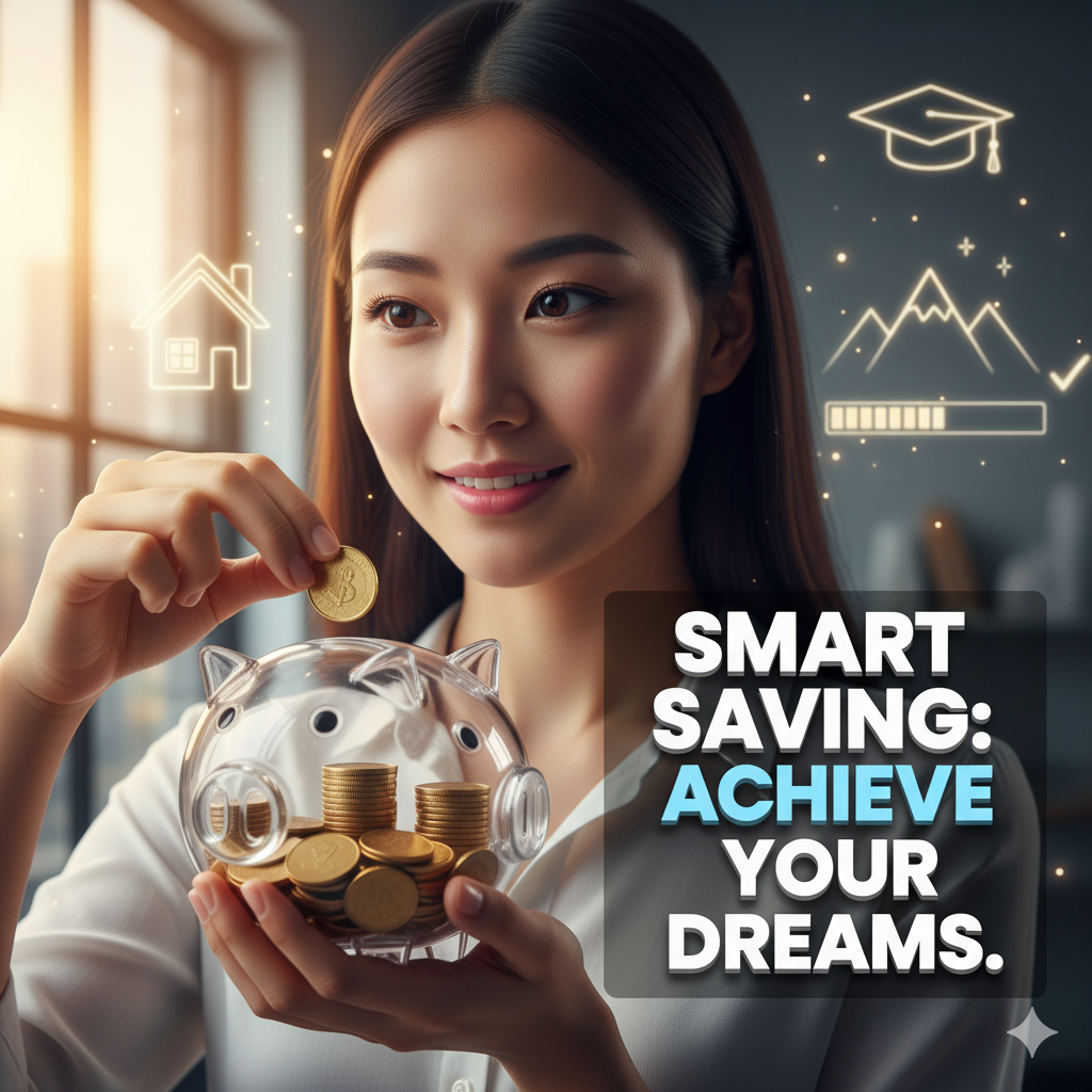 Hopeful person carefully placing coins into a clear piggy bank, with text 'SMART SAVING: ACHIEVE YOUR DREAMS.' and abstract future goals in the background.