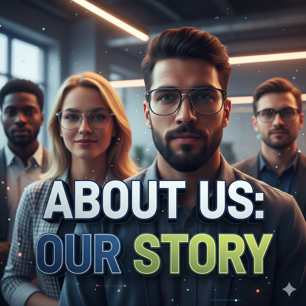 Diverse group of people with confident expressions in a modern workspace, with text 'ABOUT US: OUR STORY' symbolizing collaboration and growth.