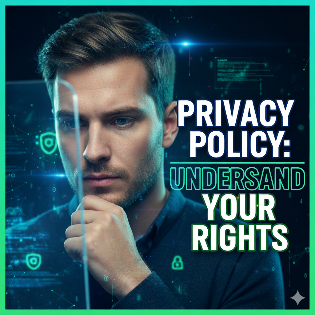 Thoughtful man with a cautious expression looking at a glowing screen, with text 'PRIVACY POLICY: UNDERSTAND YOUR RIGHTS' on a secure digital background.