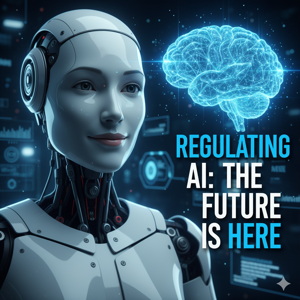 Humanoid robot thoughtfully interacting with a glowing AI brain hologram, with text 'REGULATING AI: THE FUTURE IS HERE' on a futuristic data background.
