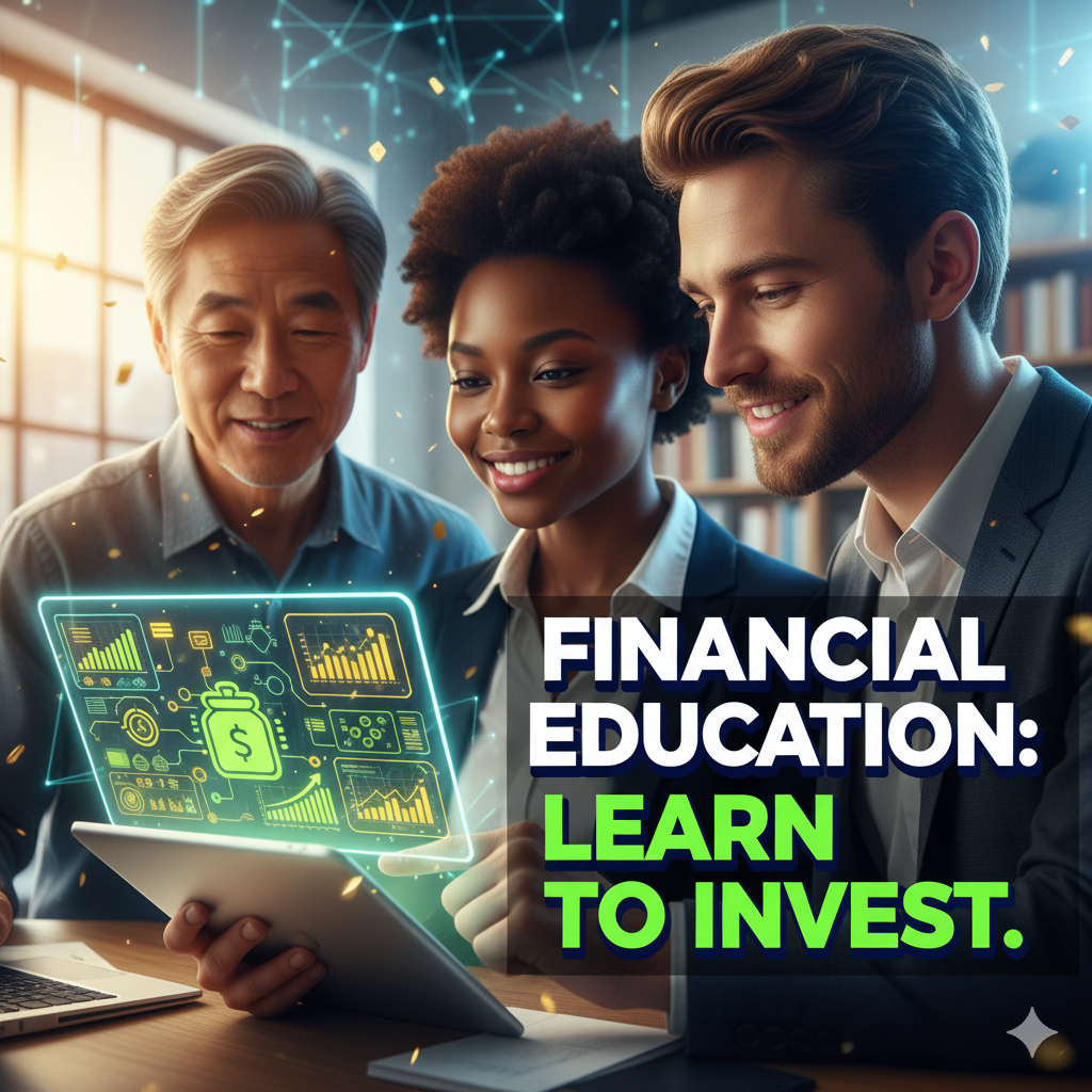 Diverse group of people with confident expressions positively engaging with a digital tablet showing a financial growth chart, with text 'FINANCIAL EDUCATION: LEARN TO INVEST.'