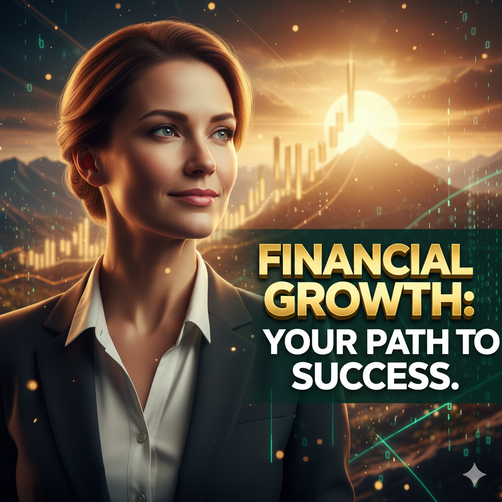 Person with a confident expression looking at abstract financial growth charts and golden light, with text 'FINANCIAL GROWTH: YOUR PATH TO SUCCESS.'