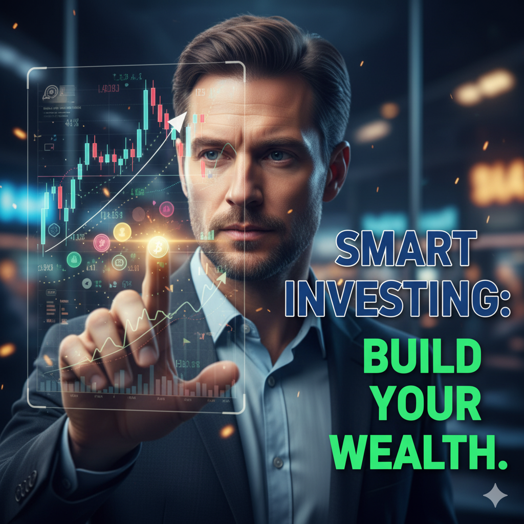 Focused man interacting with a holographic stock market interface, with text 'SMART INVESTING: BUILD YOUR WEALTH.'