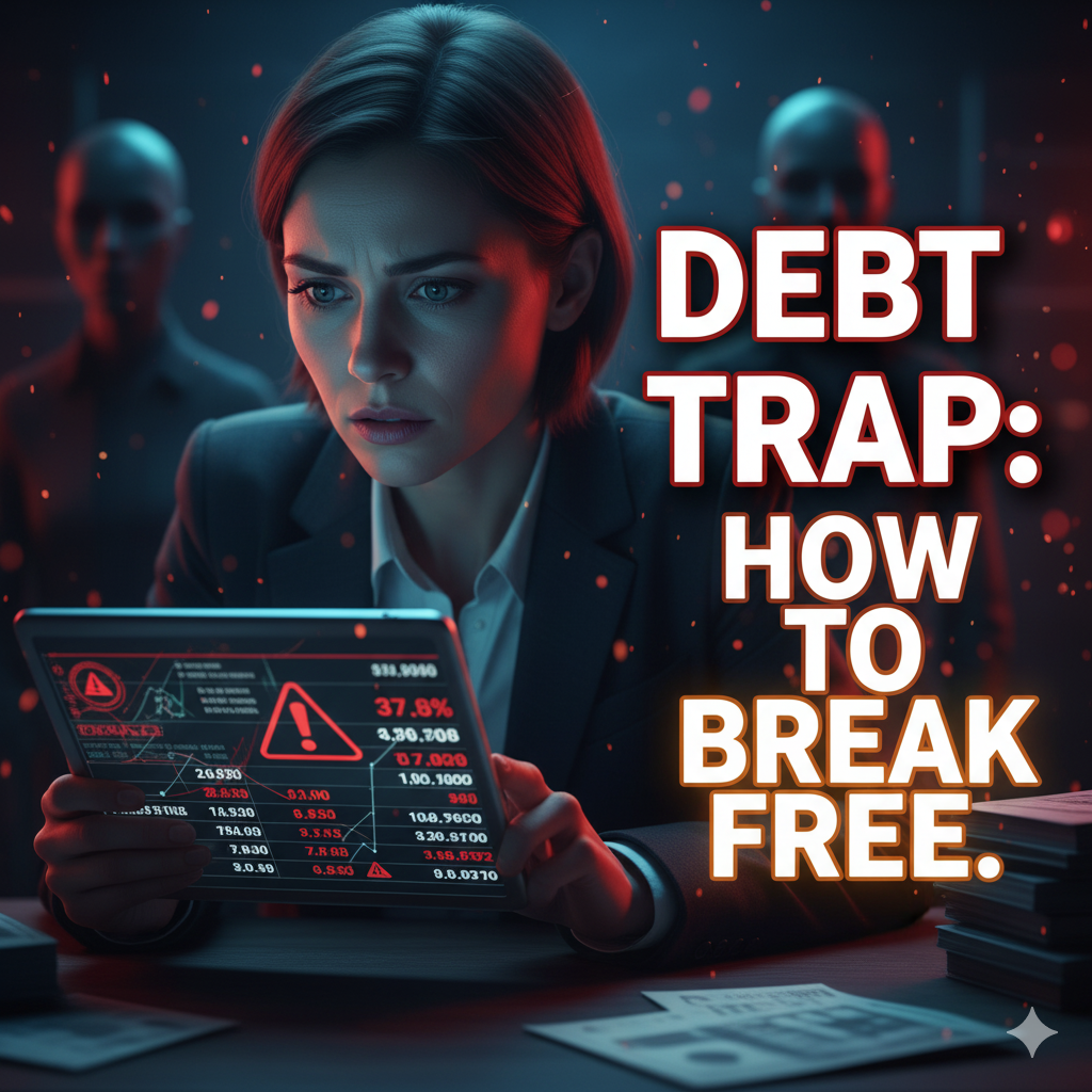Concerned person looking at a digital screen displaying debt numbers and a warning sign, with text 'DEBT TRAP: HOW TO BREAK FREE.'