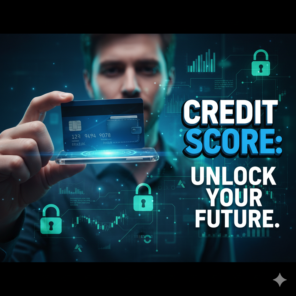 Confident person holding a credit card over a digital wallet, with text 'CREDIT SCORE: UNLOCK YOUR FUTURE' on a secure financial background.